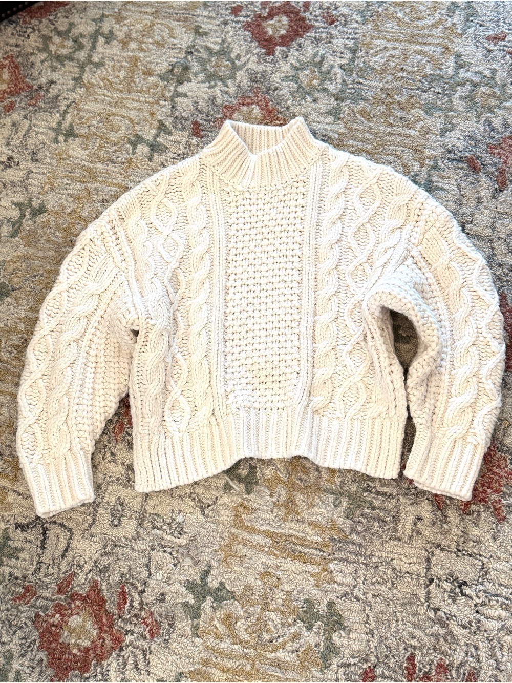Zara Chunky Cable Knit Sweater Ercu Cream Mock Neck High-Low Hem Small Fisherman